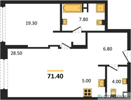 Планировка однокомнатной(квартира) площадью 71.4 квадратных метров в “ЖК Ренессанс”