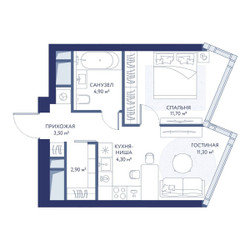 Планировка однокомнатной(квартира) площадью 38.6 квадратных метров в ЖК “ЖК ХАЙДАУТ”