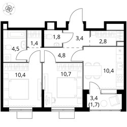 Планировка двухкомнатной(квартира) площадью 51.9 квадратных метров в ЖК “ЖК 1-й Химкинский (Первый Химкинский)”