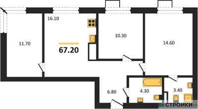 Планировка трехкомнатной(квартира) площадью 67.2 квадратных метров в ЖК “ЖК Форевиль”