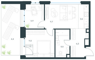 Планировка трехкомнатной(квартира) площадью 49.3 квадратных метров в “ЖК Level Южнопортовая”