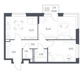 Планировка двухкомнатной(квартира) площадью 54.58 квадратных метров в ЖК “ЖК Новое Видное”