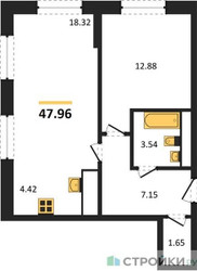 Планировка однокомнатной(квартира) площадью 47.96 квадратных метров в ЖК “ЖК Дюна”