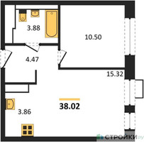 Планировка однокомнатной(квартира) площадью 38.02 квадратных метров в “ЖК Прибрежный Парк”