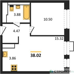 Планировка однокомнатной(квартира) площадью 38.02 квадратных метров в ЖК “ЖК Прибрежный Парк”