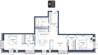 Планировка трехкомнатной(квартира) площадью 67.7 квадратных метров в “ЖК КИНОКВАРТАЛ”