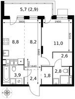 Планировка двухкомнатной(квартира) площадью 44.4 квадратных метров в “ЖК 1-й Саларьевский (Первый Саларьевский)”