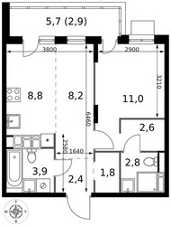 Планировка двухкомнатной(квартира) площадью 44.4 квадратных метров в ЖК “ЖК 1-й Саларьевский (Первый Саларьевский)”