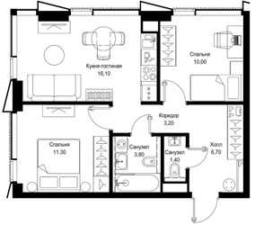 Планировка двухкомнатной(квартира) площадью 52.5 квадратных метров в ЖК “ЖК Cityzen (Ситизен)”