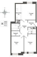 Планировка трехкомнатной(квартира) площадью 71.1 квадратных метров в “ЖК КИНОКВАРТАЛ”