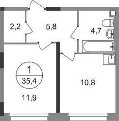 Планировка однокомнатной(квартира) площадью 35.4 квадратных метров в ЖК “ЖК Переделкино Ближнее”