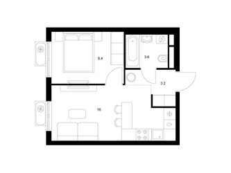 Планировка однокомнатной(квартира) площадью 32.2 квадратных метров в ЖК “ЖК Яуза Парк (Мытищи)”