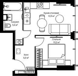 Планировка однокомнатной(квартира) площадью 35.7 квадратных метров в ЖК “ЖК Веер”