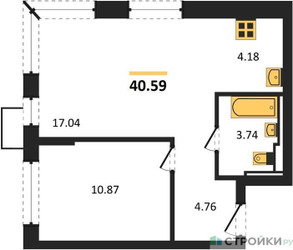 Планировка однокомнатной(квартира) площадью 40.59 квадратных метров в ЖК “ЖК Новое Видное”