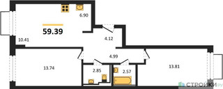 Планировка двухкомнатной(квартира) площадью 59.39 квадратных метров в “ЖК Квартал Марьино”