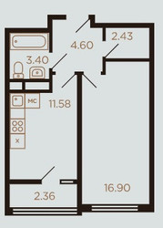 Планировка однокомнатной(квартира) площадью 41 квадратных метров в ЖК “ЖК Миниполис Рафинад”