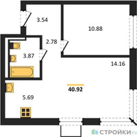 Планировка однокомнатной(квартира) площадью 40.92 квадратных метров в “ЖК Квартал Западный”