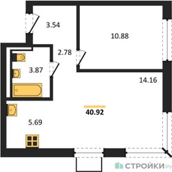 Планировка однокомнатной(квартира) площадью 40.92 квадратных метров в ЖК “ЖК Квартал Западный”
