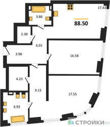 Планировка двухкомнатной(квартира) площадью 88.5 квадратных метров в ЖК “ЖК "Гранд Фили"”