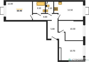 Планировка трехкомнатной(квартира) площадью 60.9 квадратных метров в “ЖК Лучи-2”