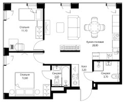 Планировка двухкомнатной(квартира) площадью 62 квадратных метров в “ЖК Veer (Веер)”