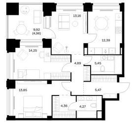 Планировка трехкомнатной(квартира) площадью 83.05 квадратных метров в ЖК “ЖК НОВА”