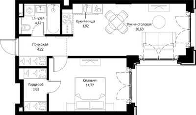 Планировка однокомнатной(квартира) площадью 49.29 квадратных метров в ЖК “ЖК Сити Бэй”