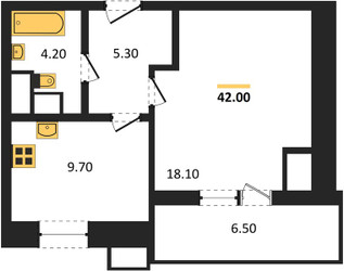 Планировка однокомнатной(квартира) площадью 42 квадратных метров в ЖК “ЖК Парк Легенд 2”