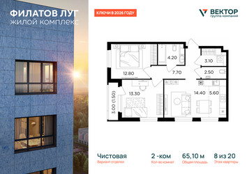 Планировка двухкомнатной(квартира) площадью 65.1 квадратных метров в ЖК “ЖК Филатов луг”