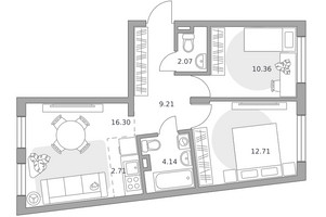 Планировка трехкомнатной(квартира) площадью 57.5 квадратных метров в “ЖК Аникеевский”