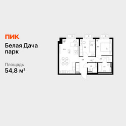 Планировка двухкомнатной(квартира) площадью 54.8 квадратных метров в ЖК “ЖК Белая Дача парк”