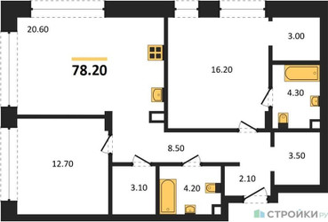Планировка двухкомнатной(квартира) площадью 78.2 квадратных метров в ЖК “ЖК Шагал”