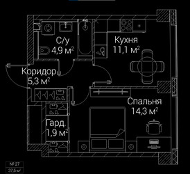 Планировка однокомнатной(квартира) площадью 37.5 квадратных метров в ЖК “ЖК СЕЗАР БУДУЩЕЕ”
