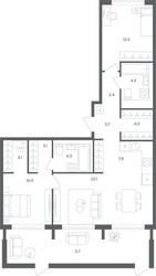 Планировка трехкомнатной(квартира) площадью 83.6 квадратных метров в ЖК “ЖК Равновесие”