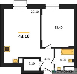 Планировка однокомнатной(квартира) площадью 43.1 квадратных метров в ЖК “ЖК Резиденции Сколково”