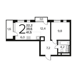 Планировка двухкомнатной(квартира) площадью 41.6 квадратных метров в ЖК “Новые Ватутинки. Заречный”