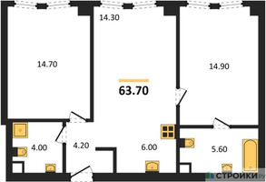 Планировка двухкомнатной(квартира) площадью 63.7 квадратных метров в “ЖК АУРА”