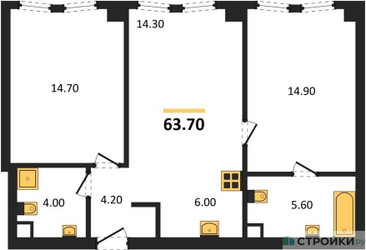 Планировка двухкомнатной(квартира) площадью 63.7 квадратных метров в ЖК “ЖК АУРА”