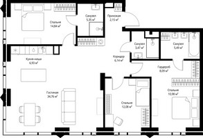Планировка трехкомнатной(квартира) площадью 109.22 квадратных метров в “ЖК Джойс”