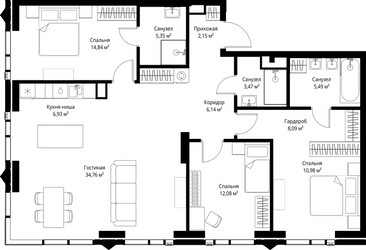 Планировка трехкомнатной(квартира) площадью 109.22 квадратных метров в ЖК “ЖК Джойс”