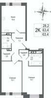 Планировка двухкомнатной(квартира) площадью 63.4 квадратных метров в “ЖК КИНОКВАРТАЛ”