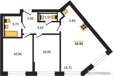 Планировка двухкомнатной(квартира) площадью 52.93 квадратных метров в ЖК “ЖК Рублевский Квартал”