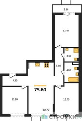 Планировка трехкомнатной(квартира) площадью 75.6 квадратных метров в ЖК “ЖК Бунинские кварталы”