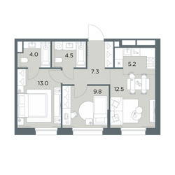 Планировка трехкомнатной(квартира) площадью 56.3 квадратных метров в ЖК “ЖК Станиславский”