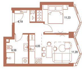 Планировка однокомнатной(квартира) площадью 39.5 квадратных метров в ЖК “ЖК Symphony 34 (Симфония 34)”