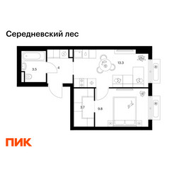 Планировка однокомнатной(квартира) площадью 34.3 квадратных метров в ЖК “ЖК Середневский лес”