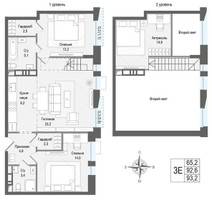 Планировка трехкомнатной(квартира) площадью 92.7 квадратных метров в “ЖК КИНОКВАРТАЛ”