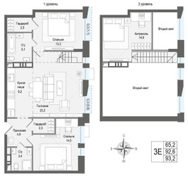 Планировка трехкомнатной(квартира) площадью 92.7 квадратных метров в ЖК “ЖК КИНОКВАРТАЛ”