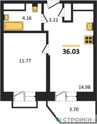 Планировка однокомнатной(квартира) площадью 36.03 квадратных метров в ЖК “ЖК ВОСТОК II”
