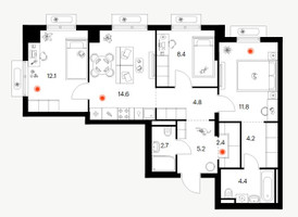 Планировка трехкомнатной(квартира) площадью 70.7 квадратных метров в “ЖК Восточное Бутово”